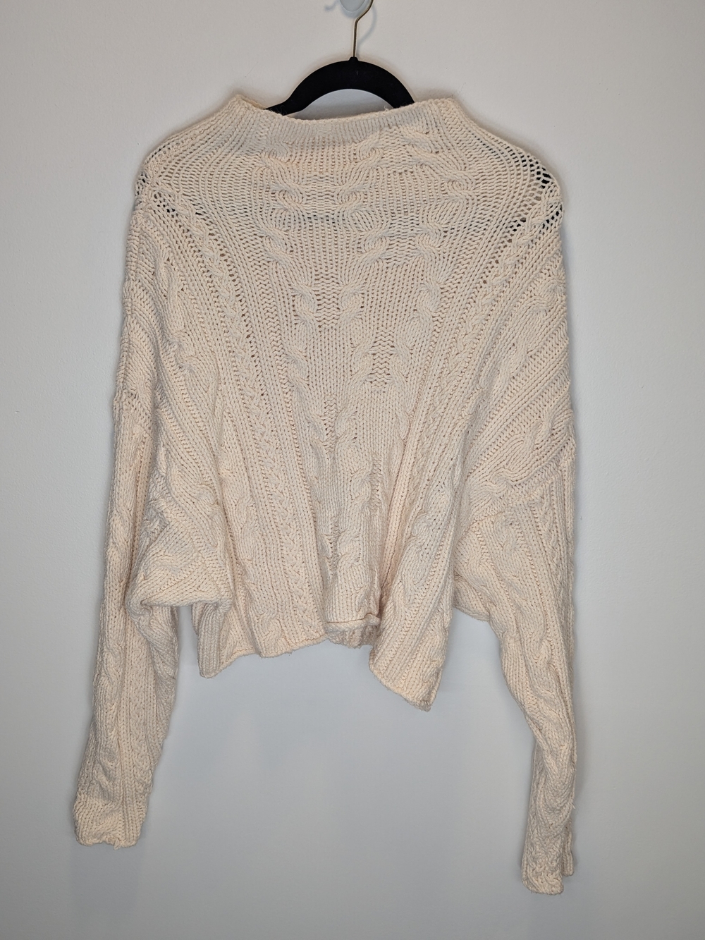 Free People Cream Cable Knit Cropped Mock Neck Sweater Small Boho Fisherman